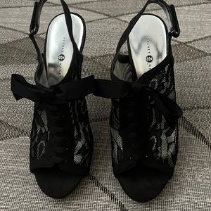 Black lace , tie up, open toe heels